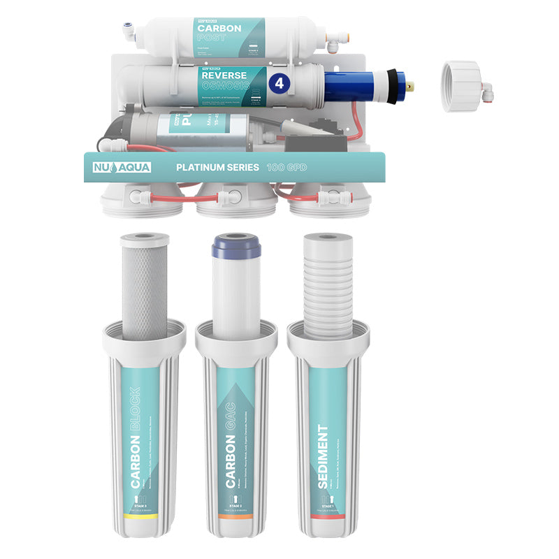 Reverse Osmosis Water Filter NU Aqua Platinum Series 5 Stage 100GPD RO System With Booster Pump - breakaway of system highlighting stage 4 100gpd reverse osmosis membrane