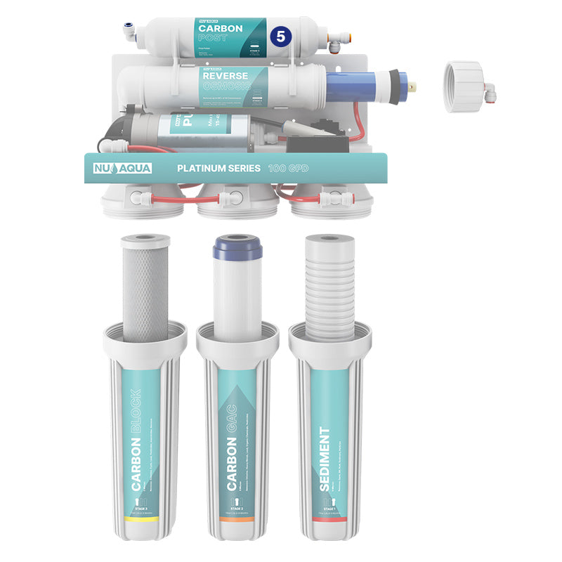 Reverse Osmosis Water Filter NU Aqua Platinum Series 5 Stage 100GPD RO System With Booster Pump - breakaway of system highlighting stage 5 carbon post filter