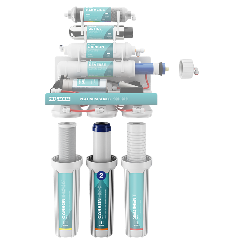 Reverse Osmosis Water Filter NU Aqua Platinum Series 7 Stage Alkaline & Ultraviolet 100GPD RO System With Booster Pump - breakaway of system highlighting stage 2 granular carbon filter