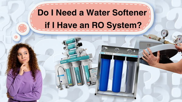 a photo of a young woman thinking with photos of RO system and water softener