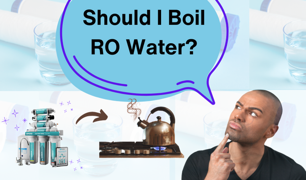 a man thinking if they should boil RO water with a photo of a NU Aqua RO System and a boiling kettle