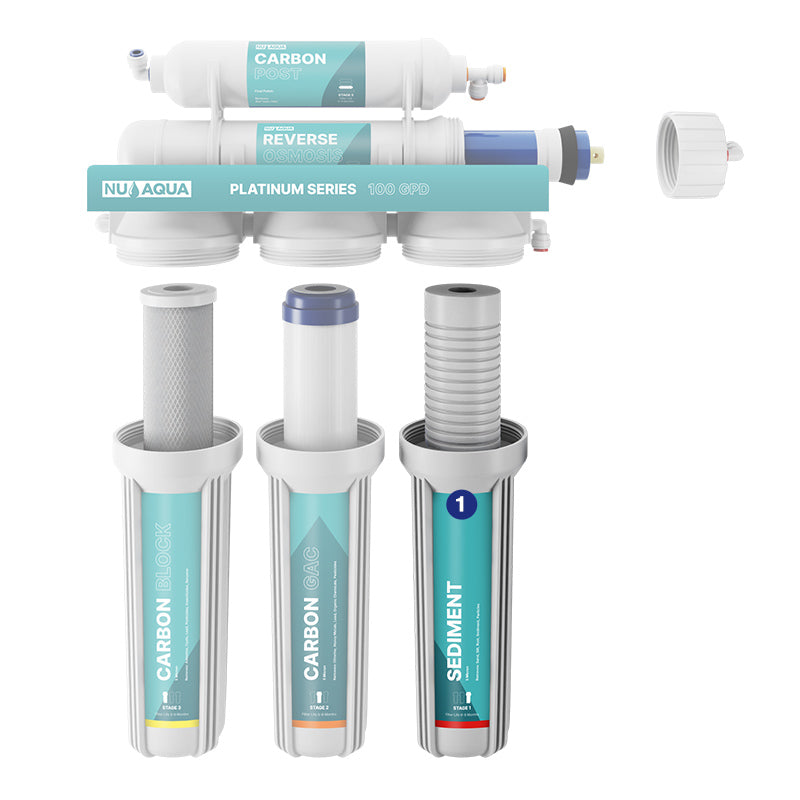 Reverse Osmosis Water Filter NU Aqua Platinum Series 5 Stage 100GPD RO System - breakaway of system highlighting stage 1 sediment filter