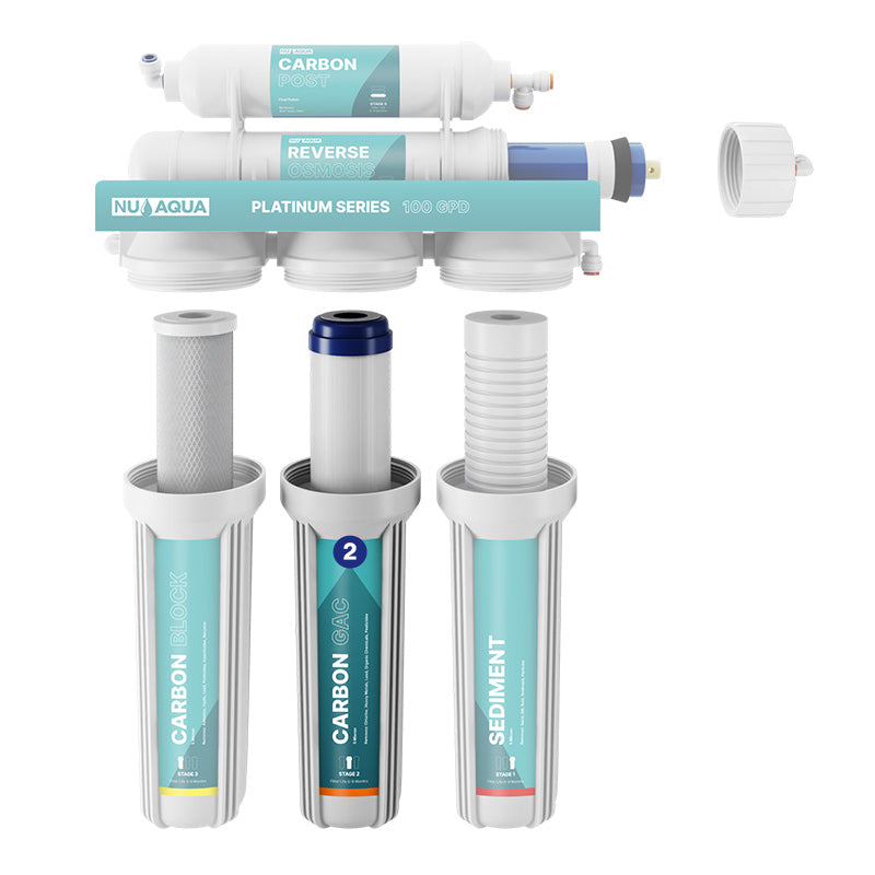 Reverse Osmosis Water Filter NU Aqua Platinum Series 5 Stage 100GPD RO System - breakaway of system highlighting stage 2 granular carbon filter