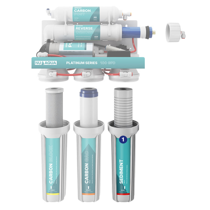 Reverse Osmosis Water Filter NU Aqua Platinum Series 5 Stage 100GPD RO System With Booster Pump - breakaway of system highlighting stage 1 sediment filter