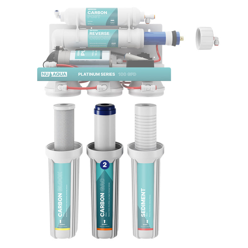 Reverse Osmosis Water Filter NU Aqua Platinum Series 5 Stage 100GPD RO System With Booster Pump - breakaway of system highlighting stage 2 granular carbon filter