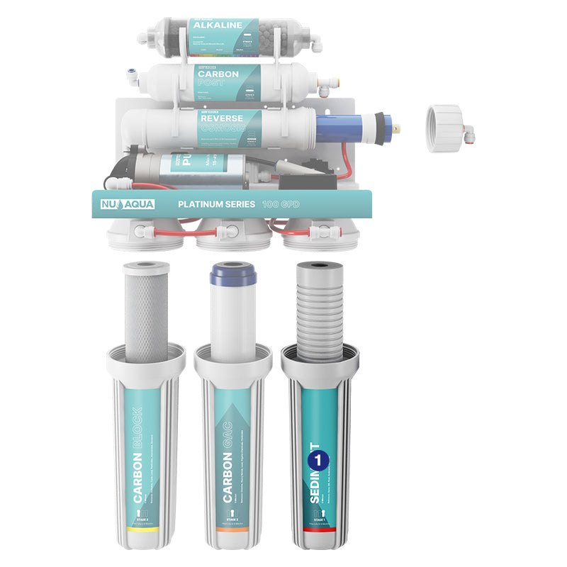 Reverse Osmosis Water Filter NU Aqua Platinum Series 6 Stage Alkaline 100GPD RO System With Booster Pump - breakaway of system highlighting stage 1 sediment filter