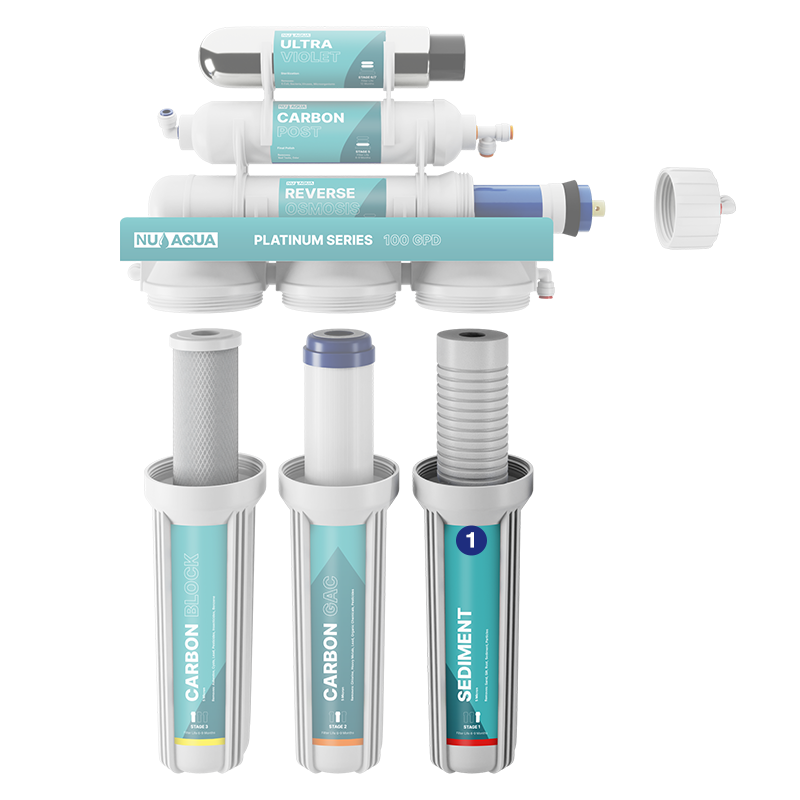 Reverse Osmosis Water Filter NU Aqua Platinum Series 6 Stage Ultraviolet 100GPD RO System - breakaway of system highlighting stage 1 sediment filter