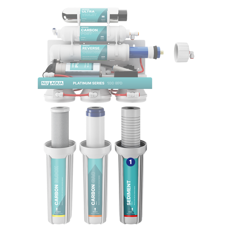 Reverse Osmosis Water Filter NU Aqua Platinum Series 6 Stage Ultraviolet 100GPD RO System With Booster Pump - breakaway of system highlighting stage 1 sediment filter