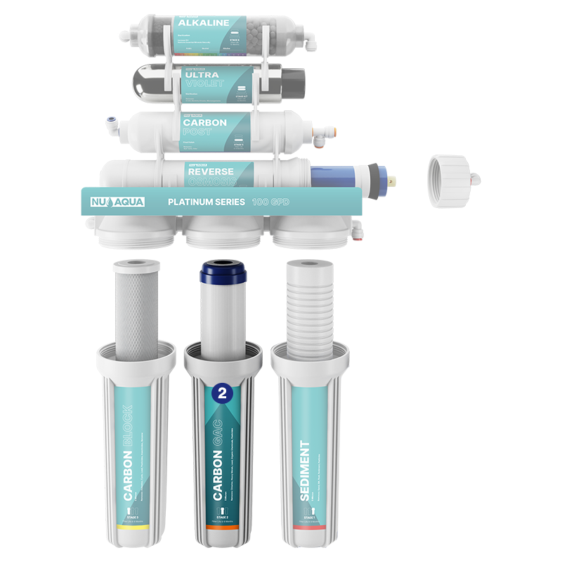 Reverse Osmosis Water Filter NU Aqua Platinum Series 7 Stage Alkaline & Ultraviolet 100GPD RO System - breakaway of system highlighting stage 2 granular carbon filter