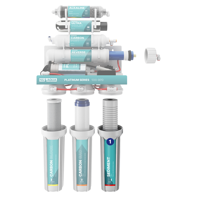 Reverse Osmosis Water Filter NU Aqua Platinum Series 7 Stage Alkaline & Ultraviolet 100GPD RO System With Booster Pump - breakaway of system highlighting stage 1 sediment filter