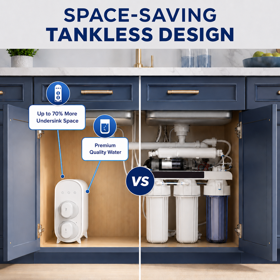NU Aqua tankless RO system space saving comparison — fits in 25-50% of standard cabinet space