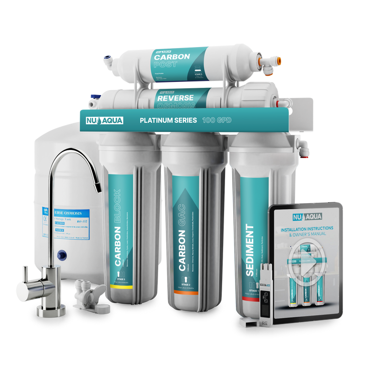 Reverse Osmosis Water Filter NU Aqua Platinum Series 5 Stage 100GPD RO System - front of system with tank, faucet, and leak detector