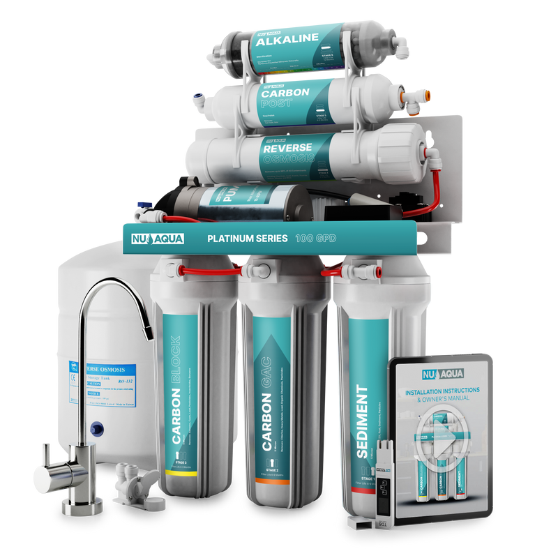 Reverse Osmosis Water Filter NU Aqua Platinum Series 6 Stage Alkaline 100GPD RO System with Booster Pump - front of system with tank, faucet, and leak detector