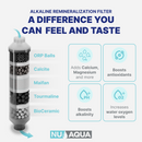 Alkaline remineralization filter with benefits listed and NUAqua branding.