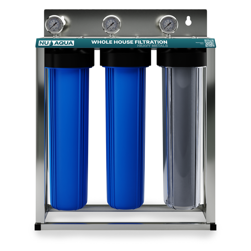 Whole Home Water Purifier NU Aqua 3 Stage Heavy Metal Whole House Water Filtration System - front of system