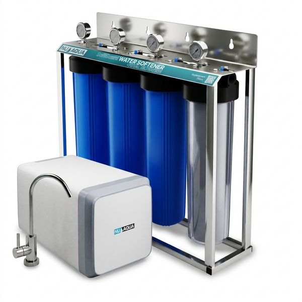 NU Aqua Premium Bundle — High-Capacity Salt-Free Whole House Water Conditioner + 800GPD Tankless Reverse Osmosis Drinking Water System
