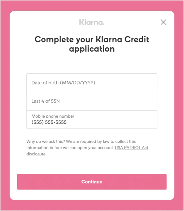 Complete your Klarna Credit Application