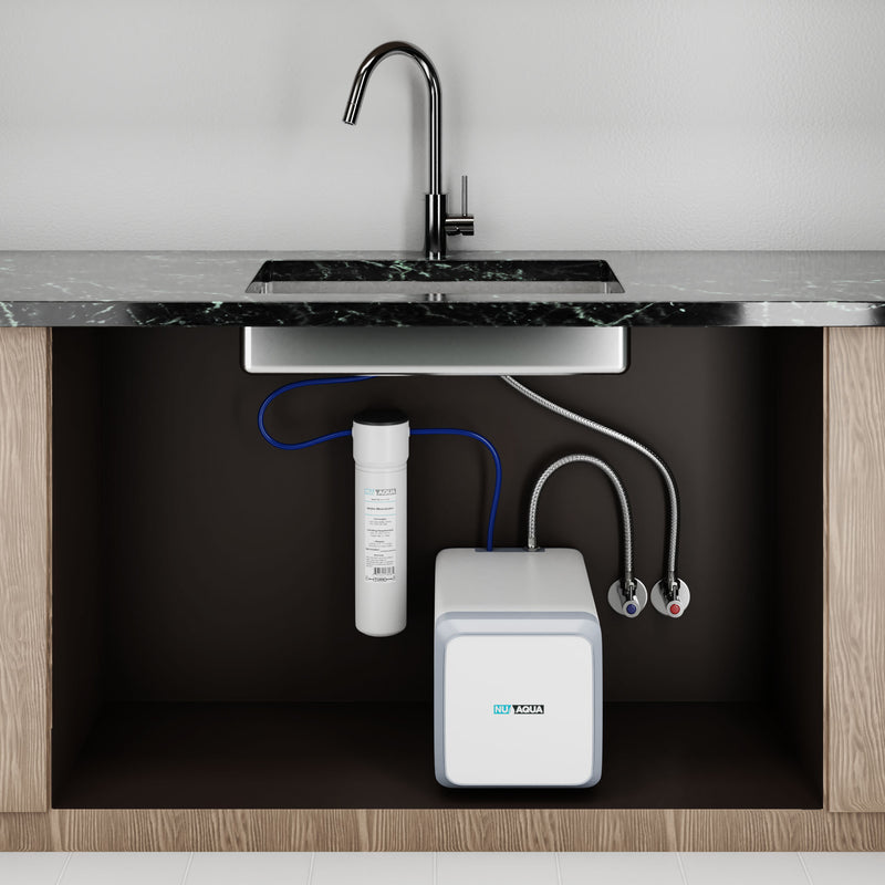 NU Aqua 1/4" Quick Connect High Capacity Inline Alkaline Remineralization Filter - filter connected to tankless ro system installed under sink