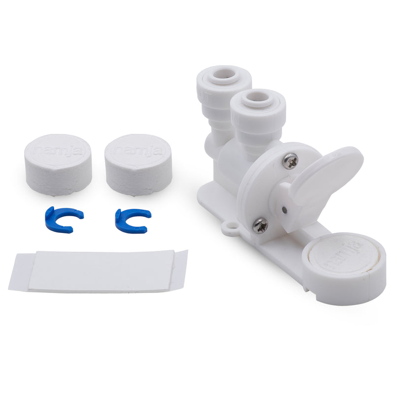Reverse Osmosis Water Filter Fittings NU Aqua Leak Stop Valve - front of leak detector with replacement pads and clips