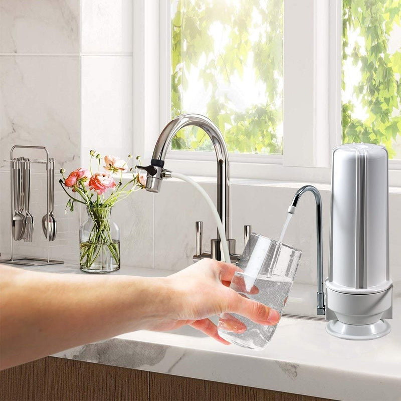 Faucet Water Purifier NU Aqua 1 Stage Countertop Water Filtration System - system on countertop filling glass with water