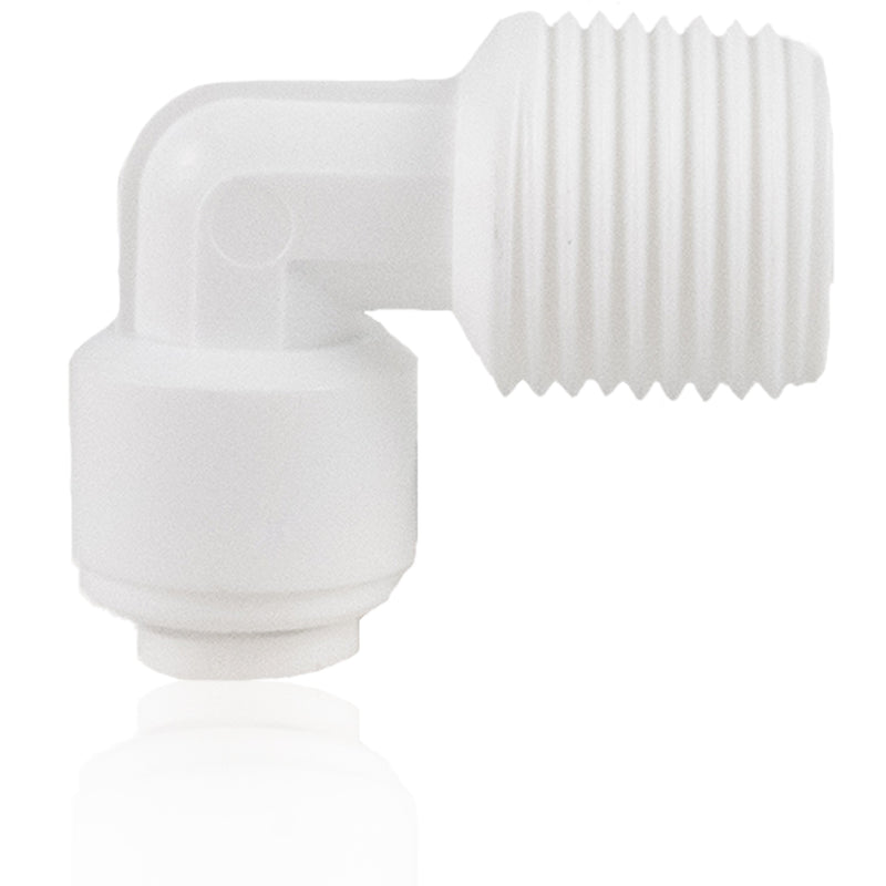 Reverse Osmosis Water Filter Fittings NU Aqua Male Elbow Connector 1/4” x NPTF 3/8” - side profile close up