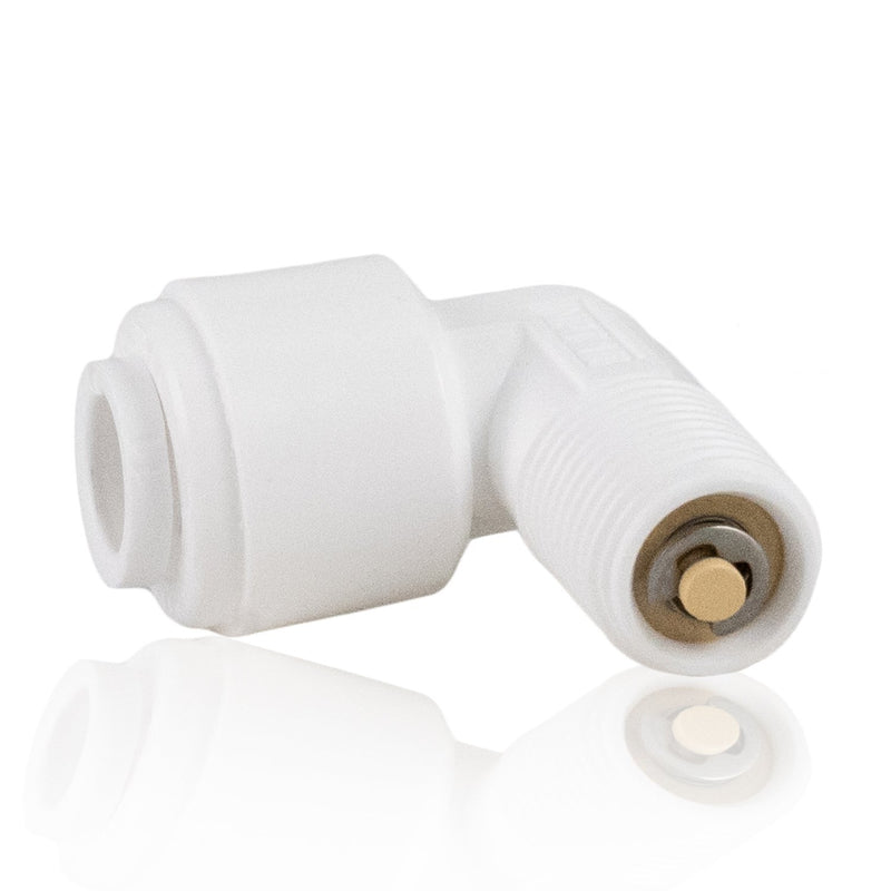 Reverse Osmosis Water Filter Fittings SST Check Valve Quick Connector Elbow - laying flat close up