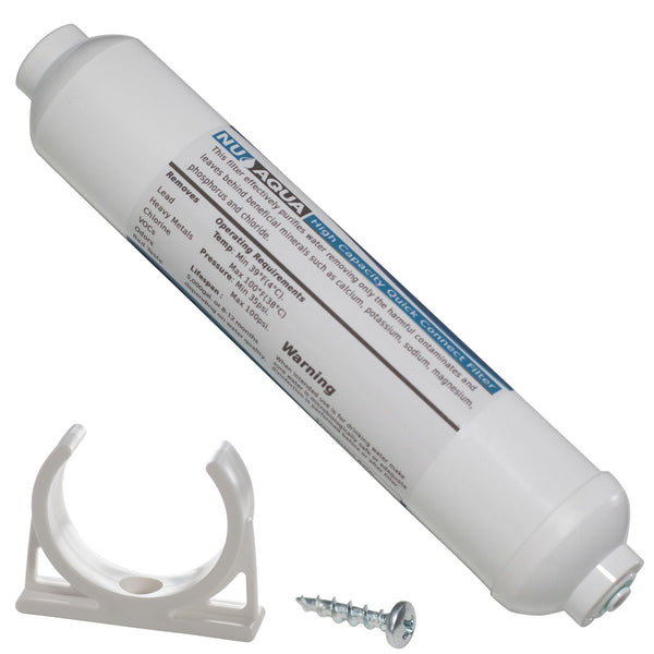 NU Aqua 1/4" Inline Quick Connect Refrigerator Filter - system close up with clip and screw