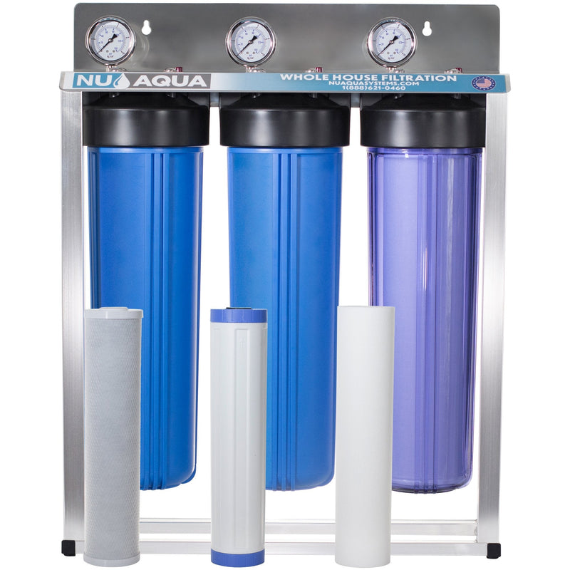 Whole Home Water Purifier NU Aqua 3 Stage Whole House Water Filtration System - front of system close up with filters